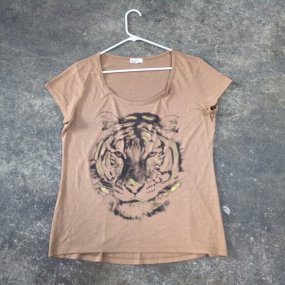 Madison & Berkeley Tiger Graphic Shirt Womens XL Brown Short Sleeve Y2K Retro - Picture 1 of 7
